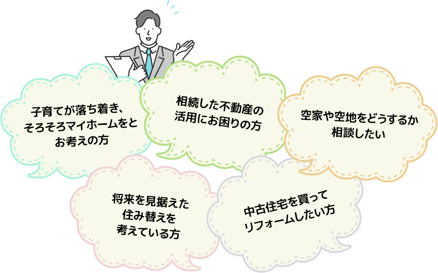 子育てが落ち着き、そろそろマイホームをとお考えの方 相続した不動産の活用にお困りの方 空家や空地をどうするか相談したい